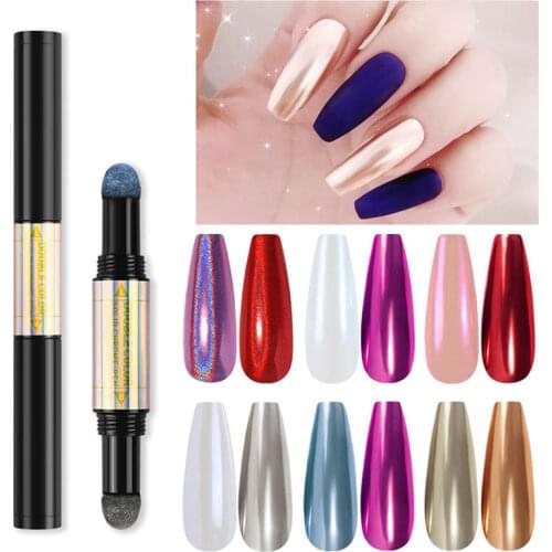 2 Colors Aurora Solid Magic Mirror Nail Glitter Powder Cushion Pen Nail Art Holographic Laser Pigments Decoration Manicure Tools