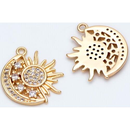 4pcs Sun and Moon Charms 16x19mm, 18K Gold Plated Brass, CZ Paved Pendants (GB-1947)