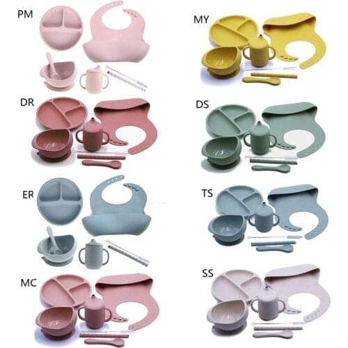 7pcs/set BPA Free Baby Silicone Tableware Waterproof Bib Solid Color Dinner Plate Sucker Bowl And Spoon For Children