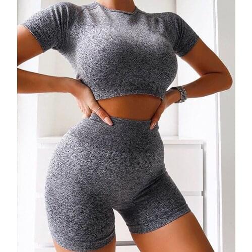 Seamless fitness yoga set Women outfits High Waist sport shorts and short sleeve t-shirts Gym clothings workout Sports Suits