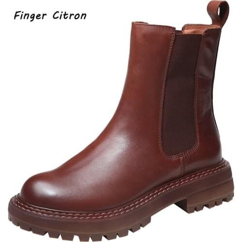 Finger Citron Genuine Cow Leather Women Chelsea Anckle Boots With Elastic Rubber Outsole Round Toe By Handmade Size 35-42