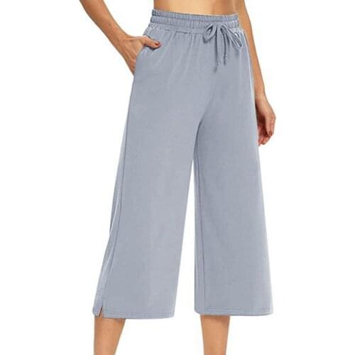 Summer Wide Leg Solid Color Soft Drawstring Pockets Elastic Waist High Waist Women Casual Female Loose Capri Pants штаны