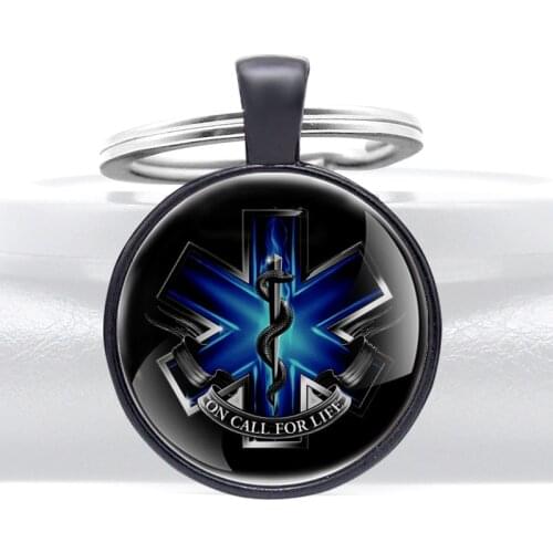 Black Classic On Call For Life Glass Dome Pendant Key Chain Charm Men Women EMT Jewelry Gifts Key Rings