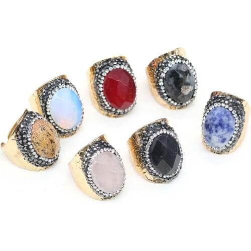 Natural Agates Stone Rings Section Egg Shape Diamon-Studded Rings Rose Quartzs Opals for Women Jewelry Exquisite Gift 30x28mm