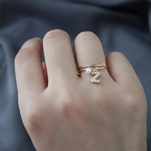 26 English Letters A-Z Rings For Women Initial Crystal Letter Ring Silver Adjustable Zircon Letter Rings Tiny Pearl Jewelry Gift