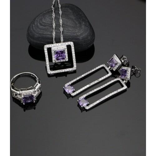 925 Silver Jewelry Sets Purple Cubic Zirconia White Crystal Decoration For Women Wedding Earrings/Pendant/Rings/Necklace Set