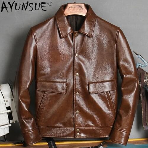 AYUNSUE Genuine Leather Jacket Men 100% Cowhide Leather coat Vintage Mens Jackets Short Clothing Spring Autumn Veste Cuir Homme