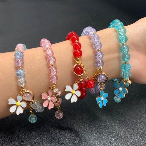 Cute Flowers Transparent Colorful Beaded Handmade Bracelets Elastic Bangle for Women Multi Color Daily Jewelry Christmas Gift
