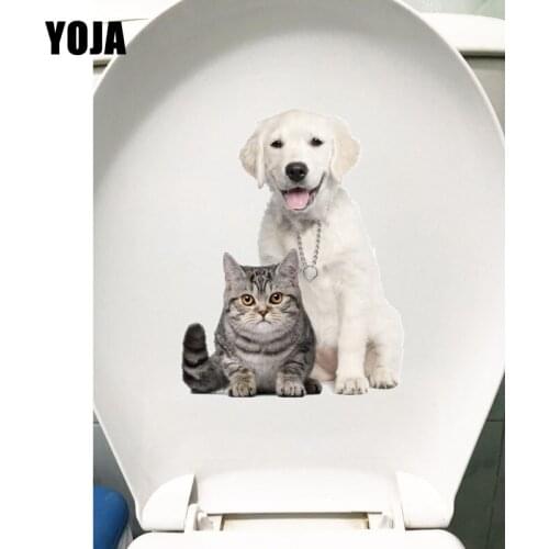 YOJA 16.9*21.8CM Cat And Dog Group Photo Animal WC Toilet Sticker Modern Art Wall Decals T1-0225