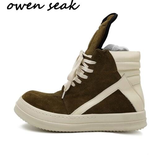 Owen Seak Men Boots Suede Genuine Leather High-TOP Ankle Boots Luxury Trainers Casual Lace-up High Street Zip Flats Autumn Shoes