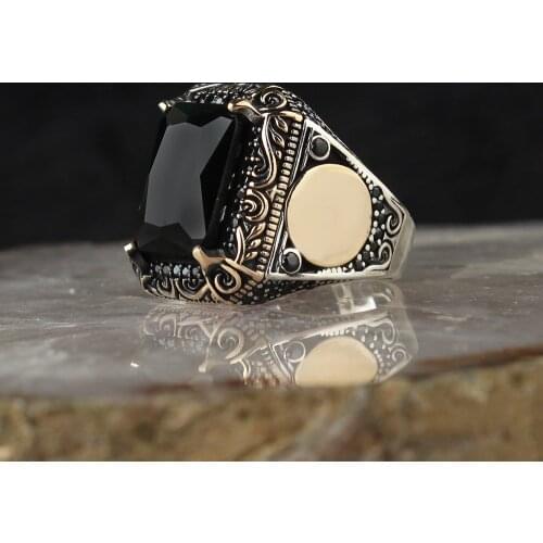 Zircon 925 Silver Engraved Traditional Handmade Turkish Signet Ring Jewelry Gift for Women Men
