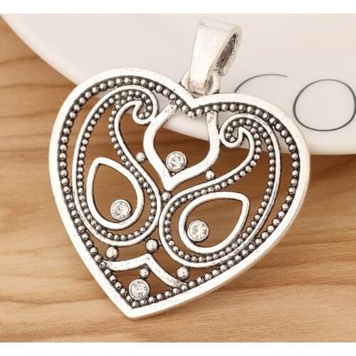 2 Pieces Tibetan Silver Tone Large Heart & Rhinestone Charms Pendants for Necklace Jewellery Making Accessories