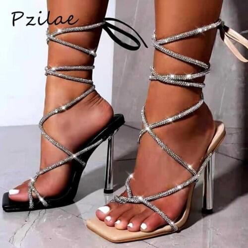 Pzilae Woman Open Toe Elegant High Heels Sandals Fashion Rhinestone Crystal Cross-Strap Pumps Ladies Heel Shoes Black Apricot 42