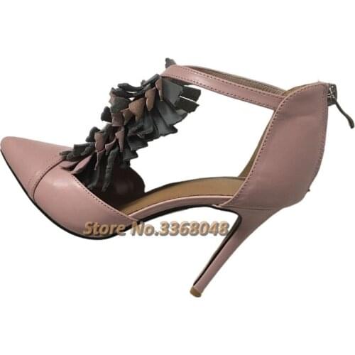 Tassel Stiletto Heels Shoes T Strap Thin High Heel Sexy Pointed Toe Back Zipper Leather Women Shoes Sexy Pointed Toe Cover Heel