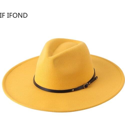 Wool Warm Wide Brim Fedora Hats Women Solid Color Top Jazz Felt Hat For Men Panama Gamble Yellow Hats