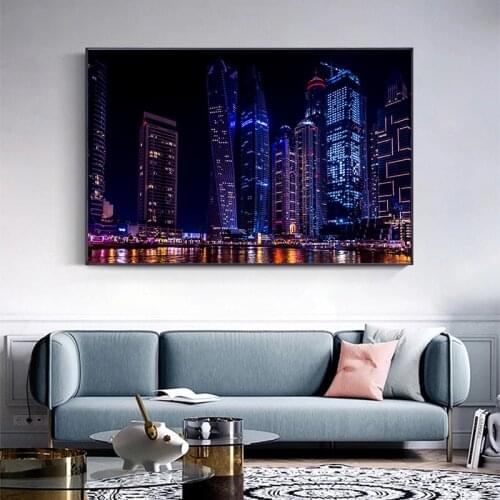 Modern Wall Chart City By The Sea Night High-rise Wall Photo Room Decoration OUE Architectural Building Poster Canvas Painting