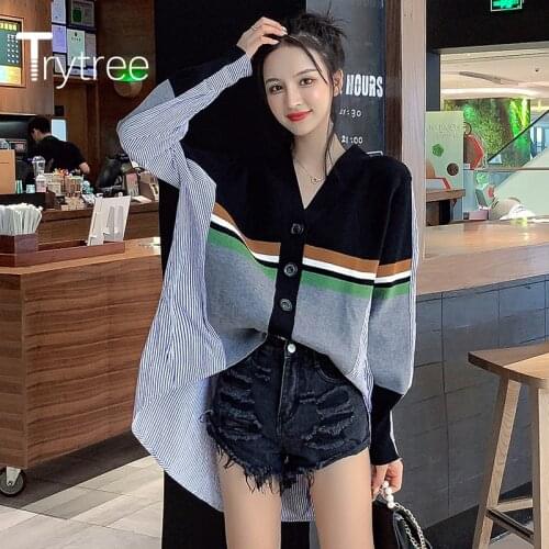 Trytree 2020 Spring Autumn Women Casual Coat V-neck Patchwork Stripe Knitting Single Breasted Irregular All-Purpose Style Coat
