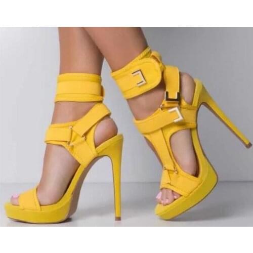 Linamong Women Elegant Mixed Color Chunky Heel Sandals Platform Metal Buckle Strap Dress Shoes Yellow Burgundy Wedding Heels