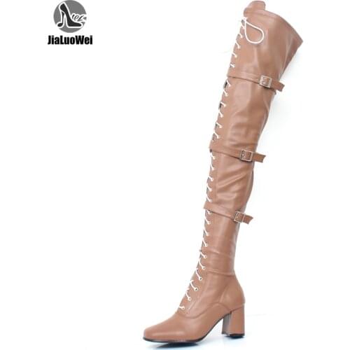Jialuowei Women Boots Retro Block High Heel Ladies Over-The-Knee Square Toe Lace-up Zip Buckle strap Woman Dance Party Shoes