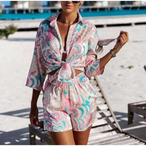 2021 Summer Casual Two Piece Set Women Sexy V Neck Lace-up Shirt Top + Shorts Outfit Ladies Elegant Satin Beach Suits With Scarf