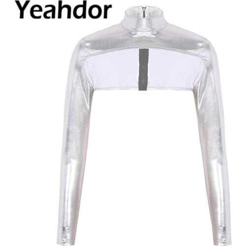 Women Shiny Metallic High Neck Long Sleeves Back Zip Up Form Fitting Shrugs Shirts Blouses Jazz Dance Performance Rave Crop Top