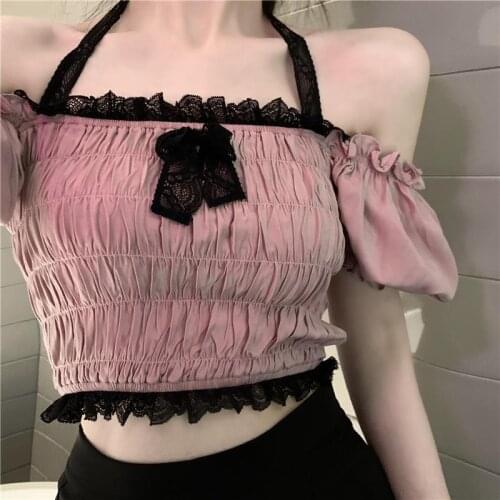 Backless Halter Lace Patchwork Strapless Top Women 2021 Summer Korean Short Sleeve Sexy T Shirts Bodycon Slim Crop Tops Y590