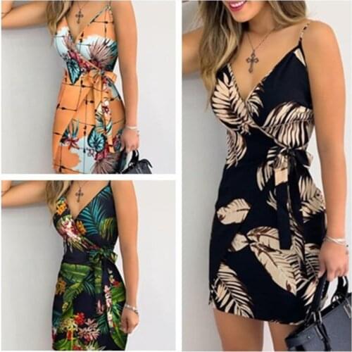 2021 Bohe Print Bow Belt Mini Dress Women Slim V Neck Backless Spaghetti Strap Party Dresses Summer Female Bodycon Sexy Dress