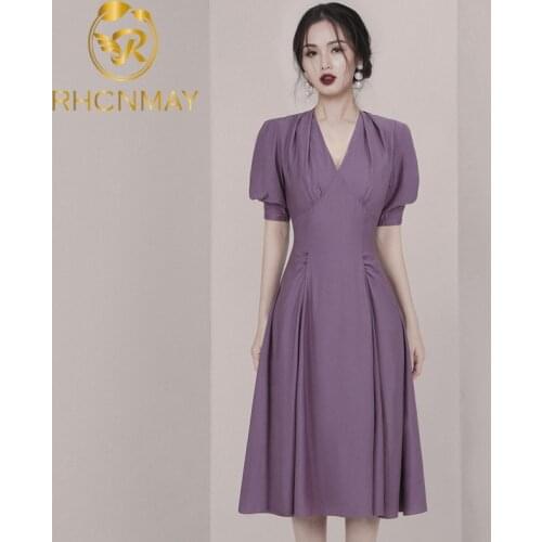 2020 Womens Summer Office Lady Slim High Waist Dress Purple Sexy V neck Women Basic Business Puff Sleeve Dress