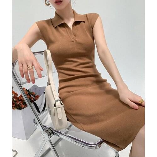 High End Spring Summer Elegant Best Quanlity Sleeveless Knitted Dress Midi Slim Fitting Sexy Mature Robe Vestido