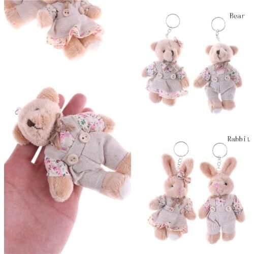 11cm Couple Floral Cloth Teddy Bear Rabbit Bunny Dolls Key Bag Pendants Couple Bear Rabbit Plush Keychain Lovers Friends Gift