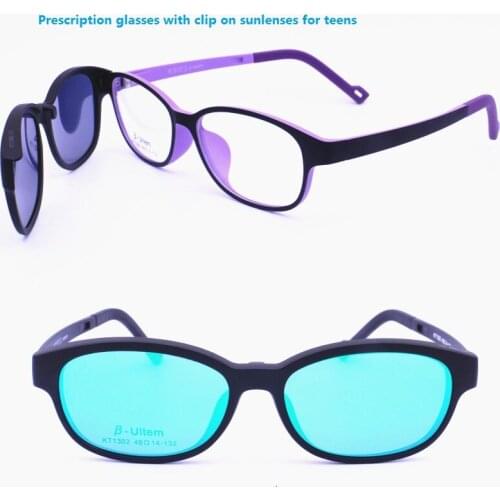 1302 ULTEM rounded square prescription glasses with megnatic clip on removable polarized sunglasses lens handy eyewear for teens