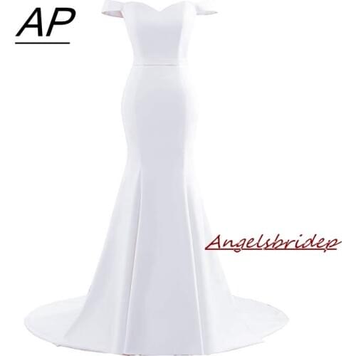 ANGELSBRIDEP Satin Mermaid Wedding Dresses 2021 Short Sleeves Court Train Vestidos De Novia Formal Sash Bride Gowns Custom Made