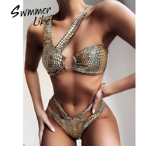 Shiny golden female swimsuit two piece 2020 High cut sexy swimwear women swimming suit Snake irregular swimsuit separate bathers