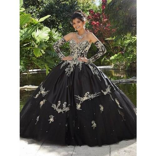 Black Cheap Quinceanera Dresses Ball Gown Sweetheart Satin Detachable Sleeve Beaded Applique 15 Years Princess Style