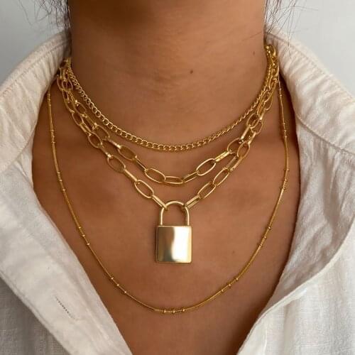 EN Vintage Multi Layered Lock Chain Necklace 2021 Girls Necklace Geometric Link Chains Women Female Fashion Choker Neck Jewelry