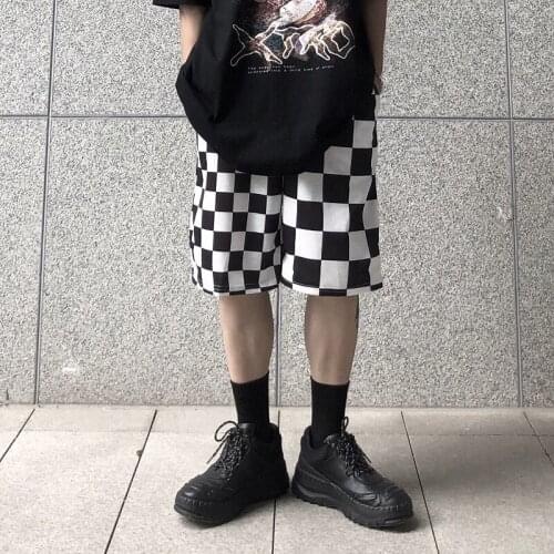 Summer Street Fashion Mens Loose Wide-Leg Five-Point Pants INS Harajuku Style Vintage Color Matching Plaid Ladies Casual Pants