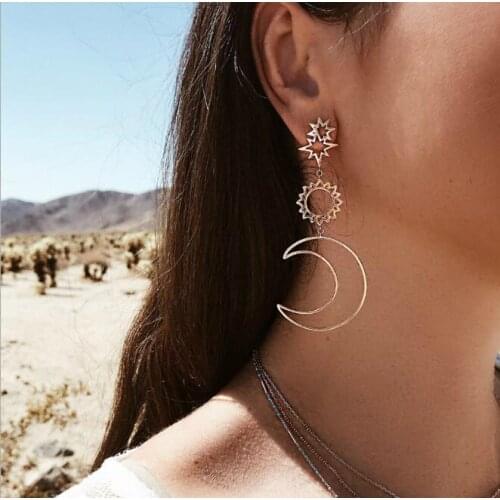 Hot Selling Accessories Exaggerated Earrings Moon Sun Alloy Asymmetric Long Earrings