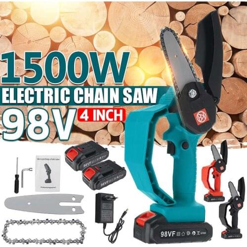 4 Inch 1500W 98VF Mini Electric Chain Saw With 2PC Battery Woodworking Rechargeable One-handed Garden Tool EU Plug