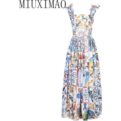 MIUXIMAO 2020 High Quality Newest Arrival Casual And Fashion Square Collar Sleeveless Bow A-Line Ankle-Length Cute Dress Women