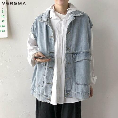VERSMA Mens Denim Vest Chaleco Hombre Jaqueta Masculina Waistcoats Vests for Men Jeans Vest Vintage Men Sleeveless Jacket Coat