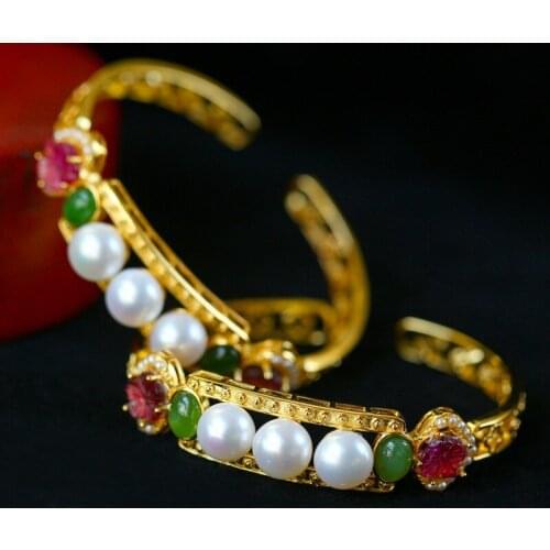 BOCAI New 100% S925 silver gold-plated inlaid with tourmaline, jasper pearl literary and artistic temperament Woman bracelet