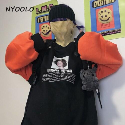 NYOOLO Casual letters print fake two piece patchwork loose hoody Autumn winter thicken warm Turtleneck pullover sweatshirt women