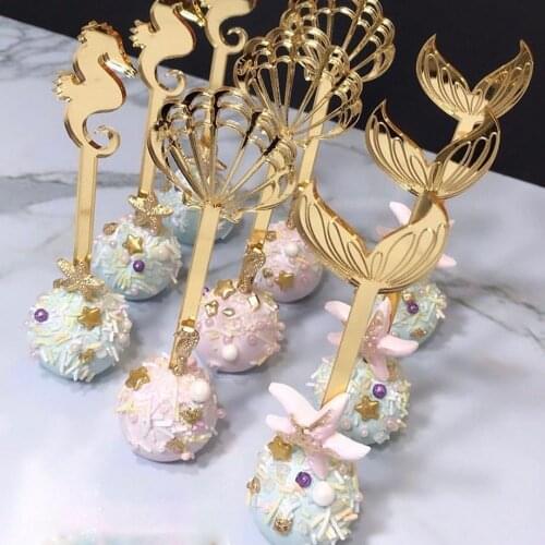 Ice Cream Stick Acrylic Cake Topper Gold Shell Mermaid Tail Girl Happy Birthday Party Anniversary Wedding Cake Decoration Tools