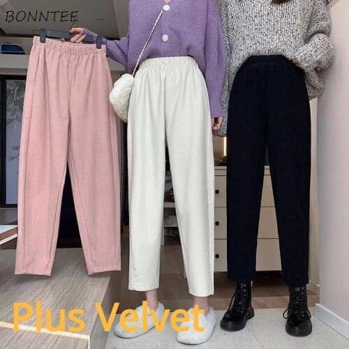 Plus Velvet Women Casual Pants Solid Corduroy Ankle-length Korean Style Fashion Loose All-match Daily Females High Quality Chic