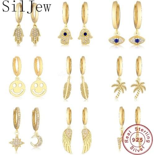 SilJew 2021 Women Authentic Fashion 925 Sterling Silver Funny Smile Face Pendant Hoop Earrings Girls Expression Earrings Jewelry