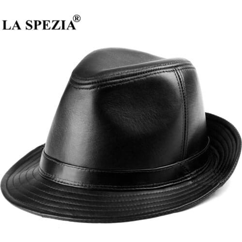 LA SPEZIA Black Fedora Hat Men Genuine Leather Sheepskin Jazz Cap Autumn Winter British Casual High Quality Wide Brim Hat