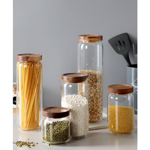 Glass Storage Jar Candy Coffee Beans Storage Wooden Cover High Borosilicate Portable Food Container Kitchen Storage Sealed Jar