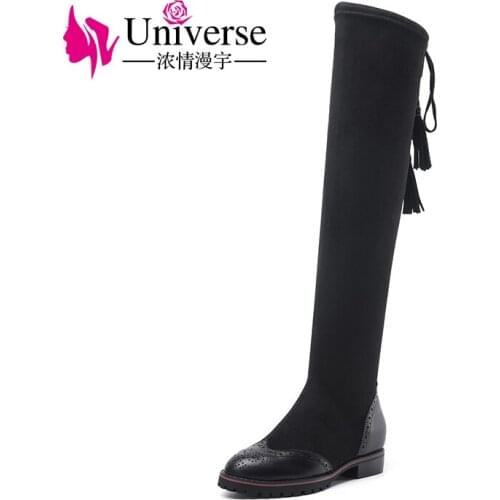 Universe black stretch fabric over the knee boots low heel warm winter women knee high boots G377