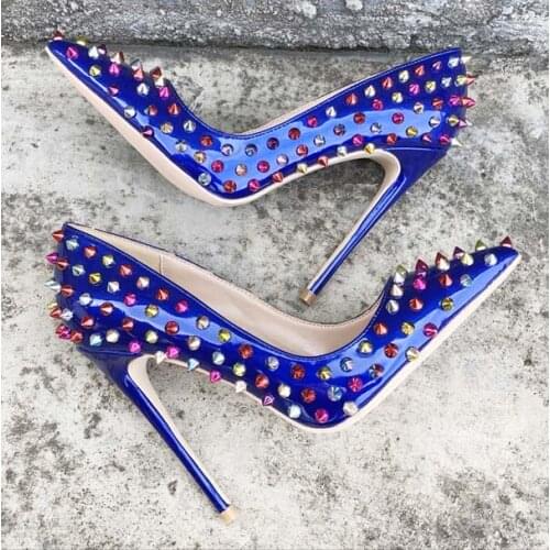 VINAPOBO Pointed Toe Shoes Sexy 12CM Heels Wedding Shoes Women Pumps Blue Rivets Spikes Patent Leather High Heel Studded Shoes