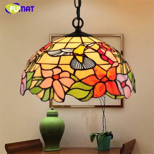 FUMAT Stained Glass Pendant Lamp Tiffany 12 Inch LED Hanging Lighting Fixtures luminaria Bird Art Hanging Light pendant Lamps